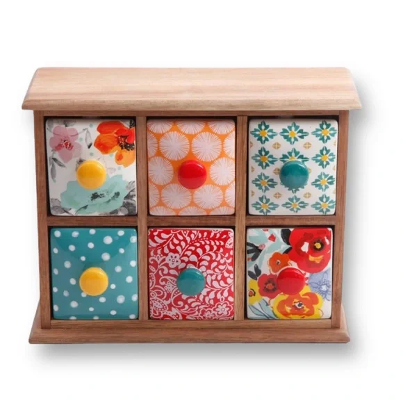 The Pioneer Woman Flea Market Spice and Tea 6-Drawer Box With Bright Patterns BN